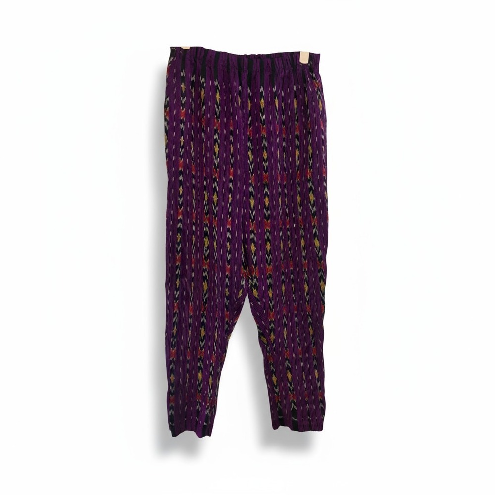 Purple Ikat‎ Print Pants Bohemian Lightweight Elastic Waist Trousers OS